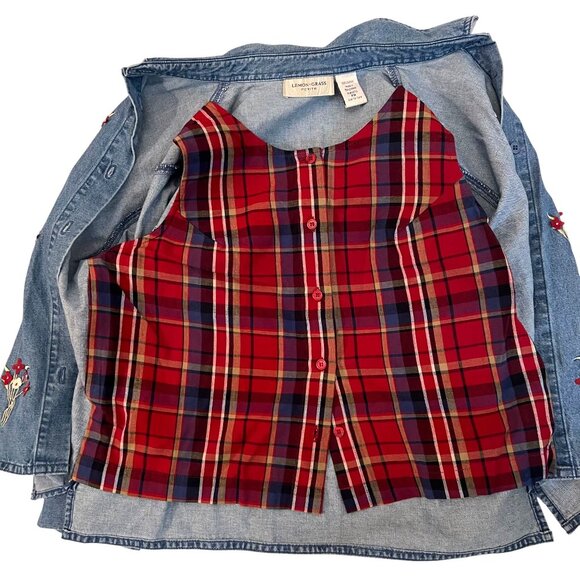Lemon Grass Denim Shirt Jacket Floral Embroidery Red Plaid Front Panel Petite M - Picture 6 of 14